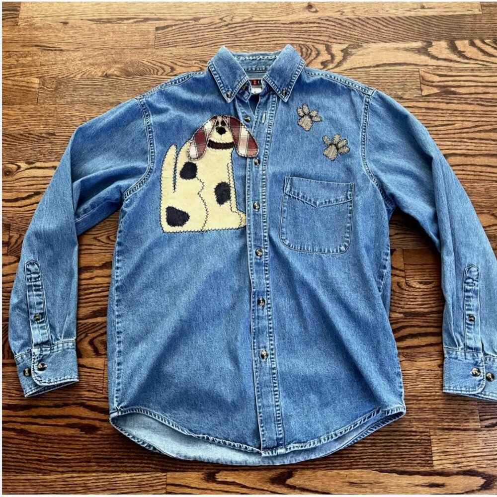 Share Vintage Patchwork Quilted DOG Jerzees Shirt Sz Small Chambray Denim Button